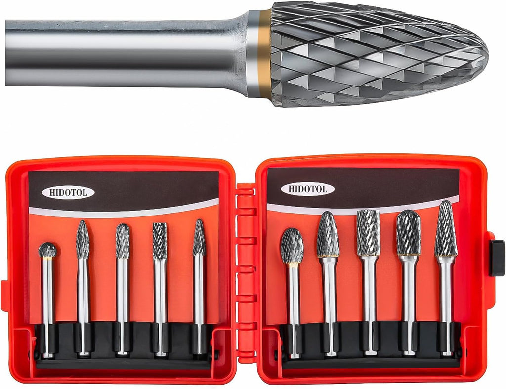 HIDOTOL Carbide Burr Set 10PC 1/8" Shank Tungsten Double Cut Carbide Rotary Burr Set for Metal and Wood Carving, Grinding, Polishing, Engraving, Drilling.