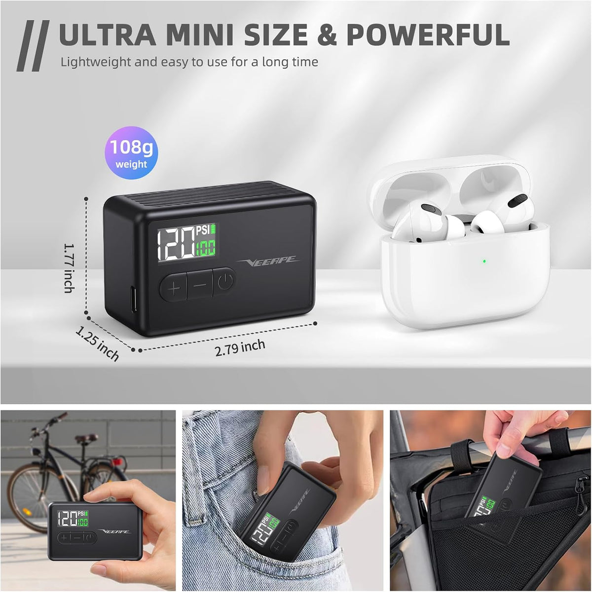 Tiny Pump Mini Bike Tire Pump - Max 120PSI Portable Electric Bicycle Pump with Fast Inflation Auto Stop - Bicycle Inflator with Presta Schrader Valve for E-Bikes Bicycles Various Balls
