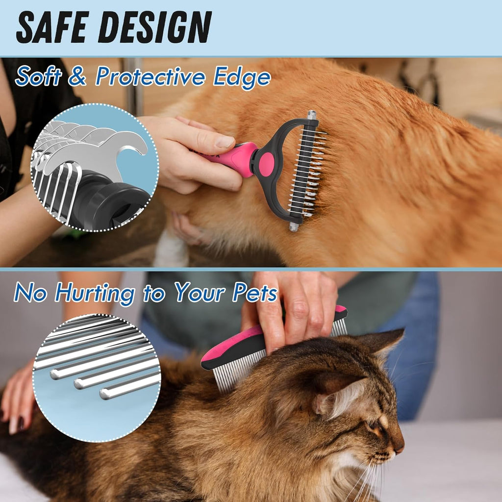 Docrok Pet Grooming Brush and Metal Comb Combo for Dogs & Cats, Pink
