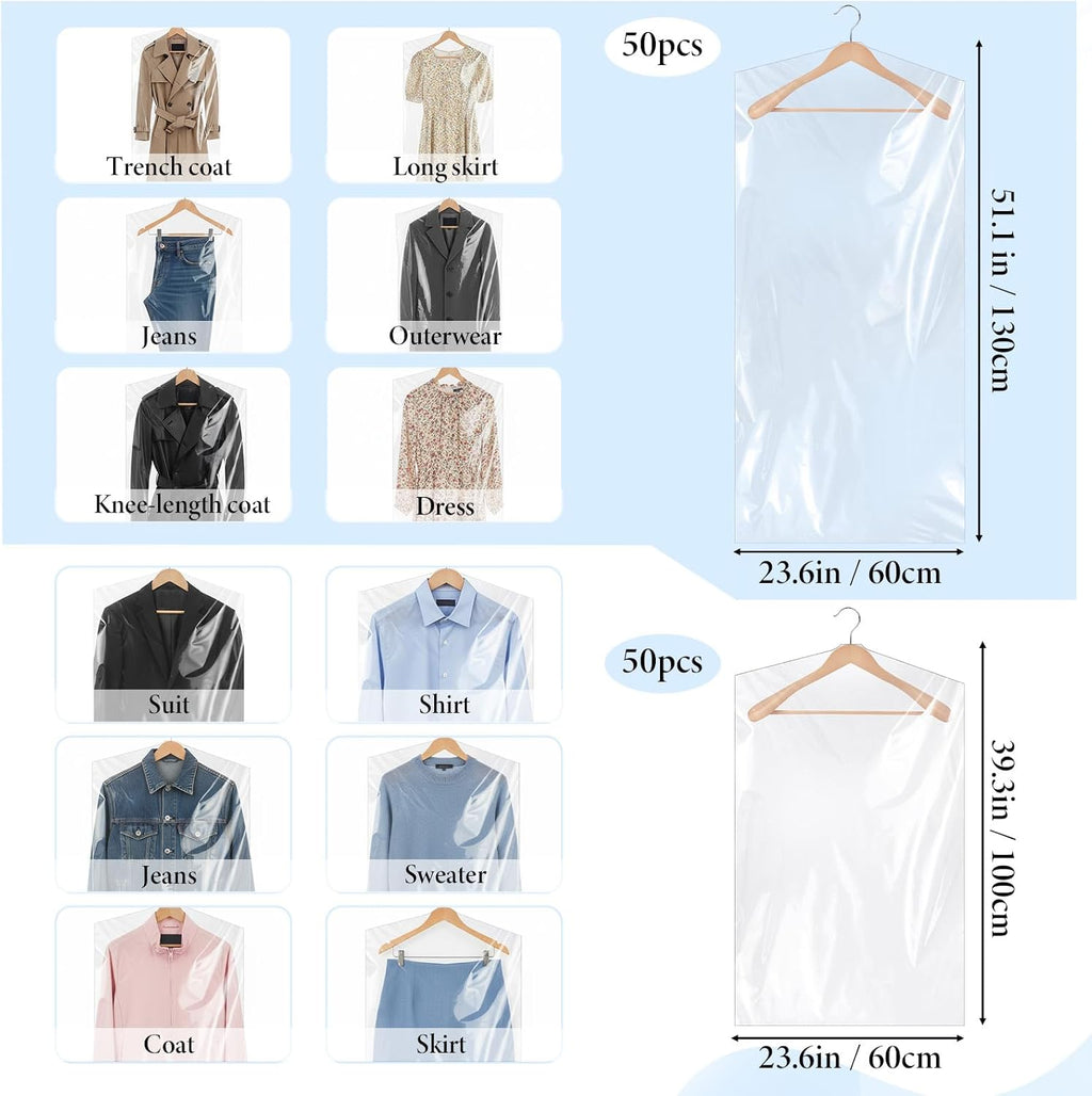 100 Pack Plastic Garment Bag, Dry Cleaning Bags, Plastic Clear Dry Cleaner Laundry Bags Transparent Coat Suit Dust Cover Protector Bag for Dry-Cleaner, Home Storage, Travel, Moving,60x100cm,60x130cm