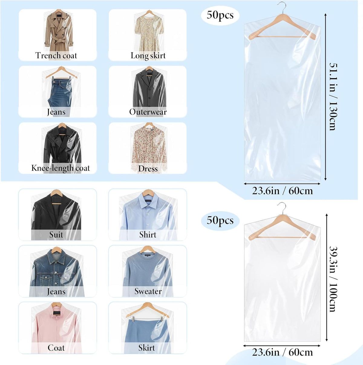 100 Pack Plastic Garment Bag, Dry Cleaning Bags, Plastic Clear Dry Cleaner Laundry Bags Transparent Coat Suit Dust Cover Protector Bag for Dry-Cleaner, Home Storage, Travel, Moving,60x100cm,60x130cm