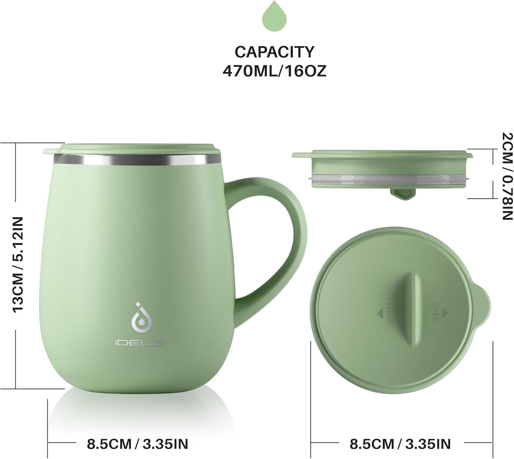 Ideus 16 oz Insulated Coffee Mug with Lid and Handle (Avocado Green 2.0)