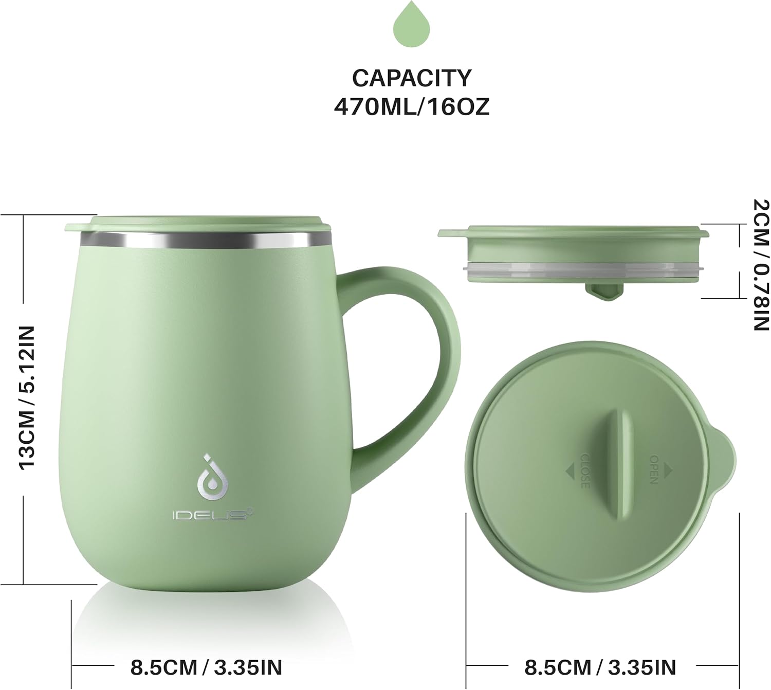 Ideus 16 oz Insulated Coffee Mug with Lid and Handle (Avocado Green 2.0)