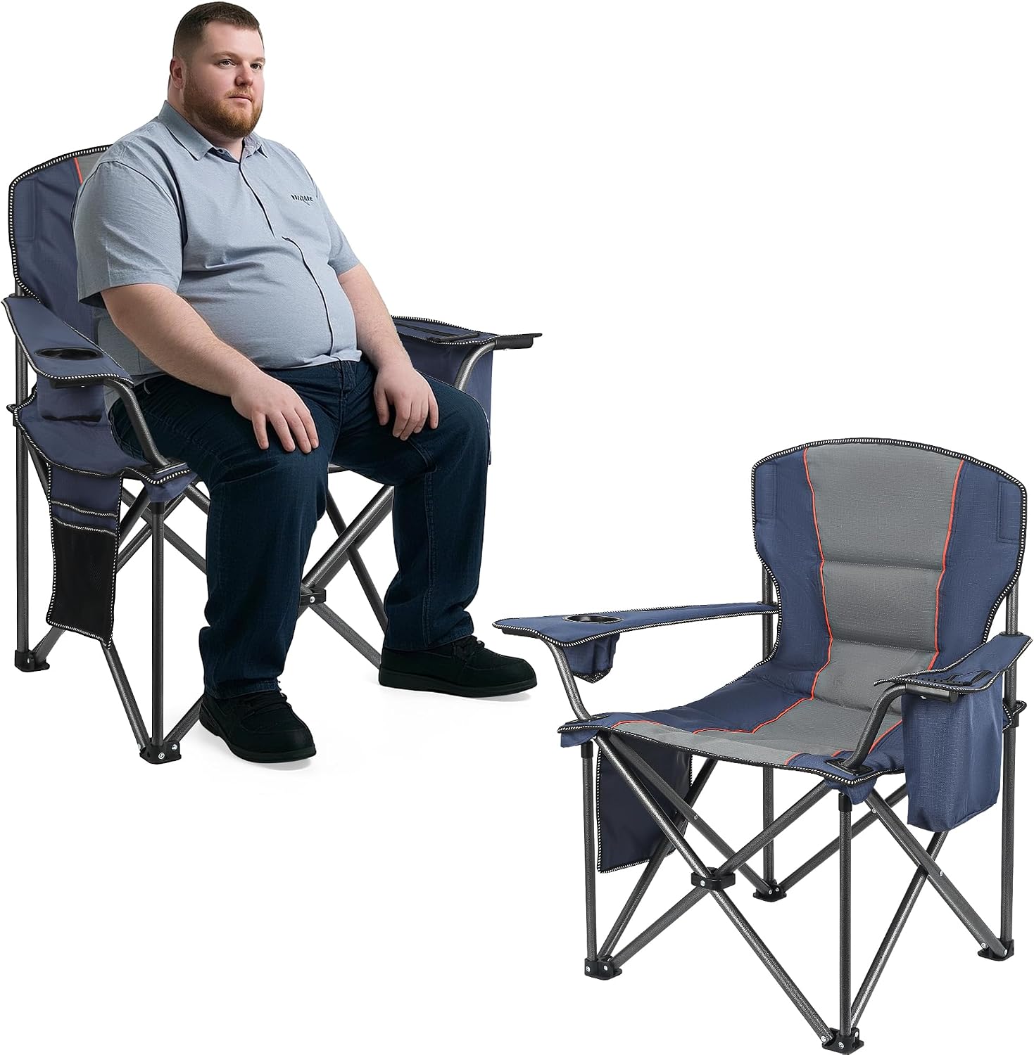 WEIDIORME 2 Pack Heavy Duty Oversized Camping Chair for Adults 400lbs w/Lumbar Support - Folding Chairs with Side Pocket, Cup Holder & Cooler Bag for Beach, Fishing, Lawn, Backyard Black