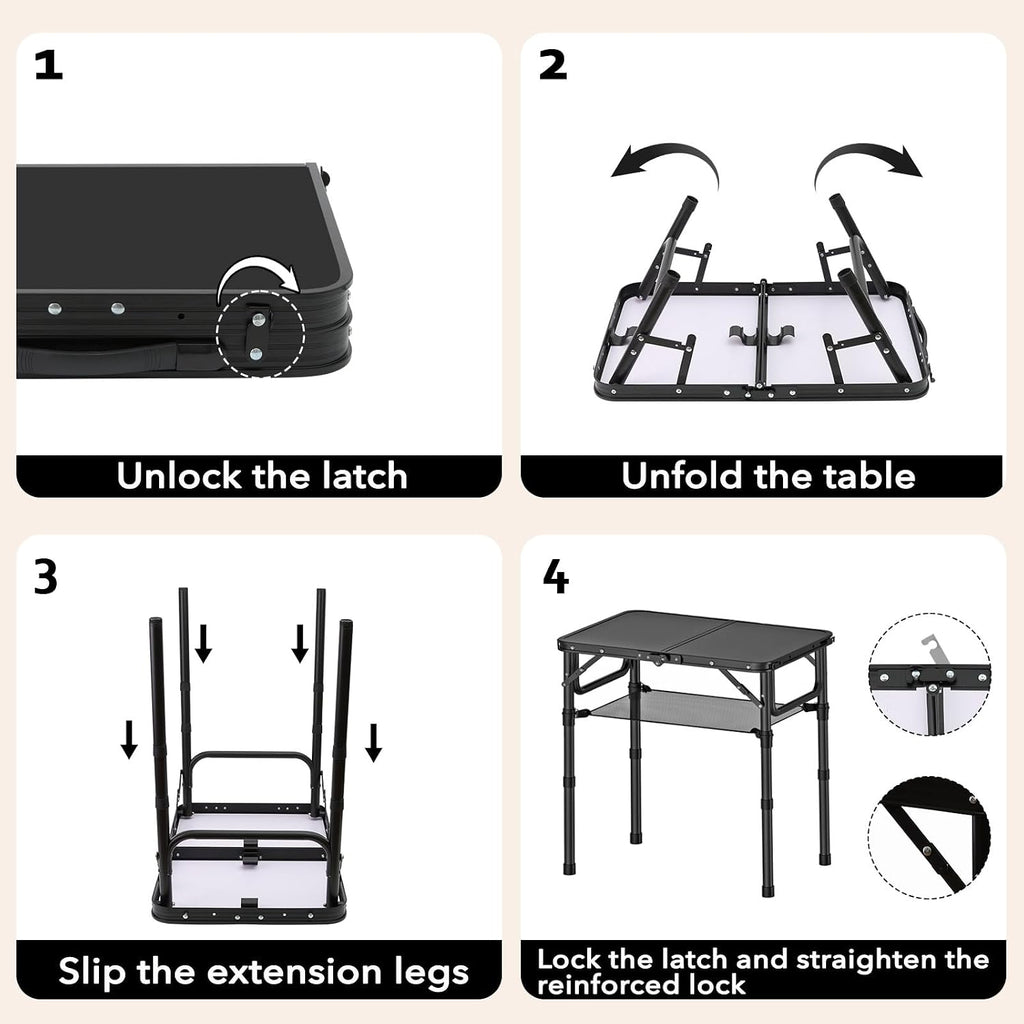 YihuiKo Small Folding Camping Table with Storage Net, Adjustable Heights