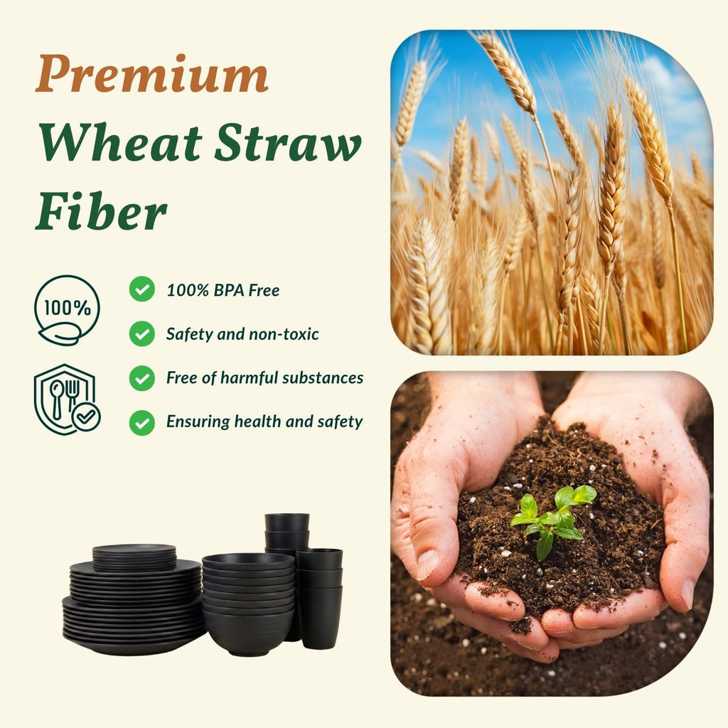 Homienly Wheat Straw Dinnerware Set,40-Piece Dish Set for 8, Dinner Plates, Dessert Plate, Cereal Bowls, Cups, Appetizer Plates,Reusable Dinner Plates Kids Plates and Bowls Sets,Black