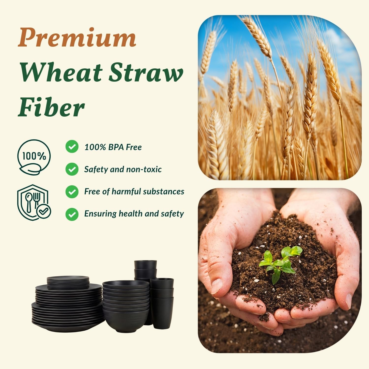 Homienly Wheat Straw Dinnerware Set,40-Piece Dish Set for 8, Dinner Plates, Dessert Plate, Cereal Bowls, Cups, Appetizer Plates,Reusable Dinner Plates Kids Plates and Bowls Sets,Black
