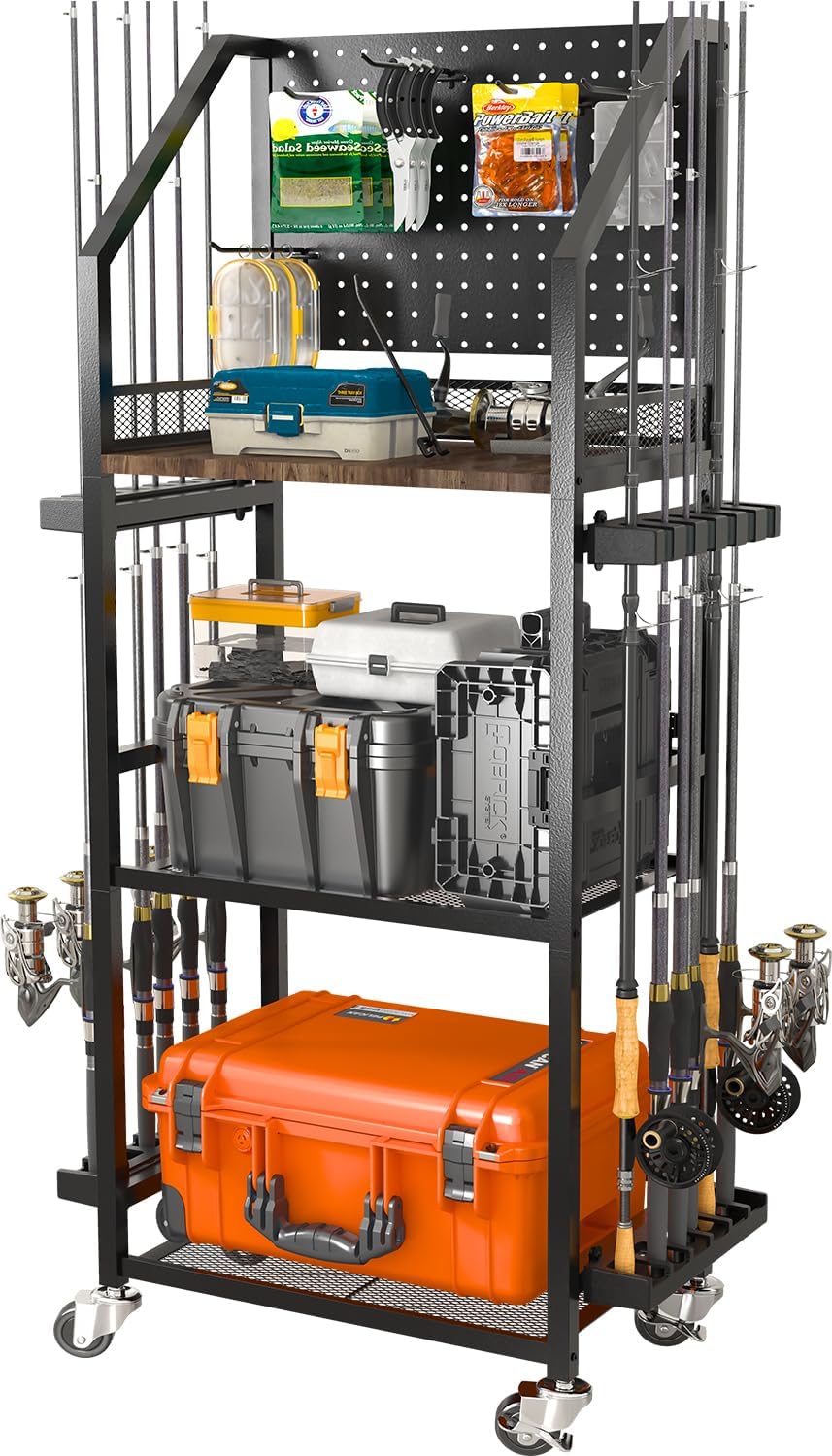 SOYEEZE Fishing Rod Holders for Garage, Fishing Pole Holders Up to 12 Rods with Pegboard and Hooks,Rolling Fishing Cart with Wheels, Fishing Gear Storage For Tackle Box & Reel Organization-6 Hooks