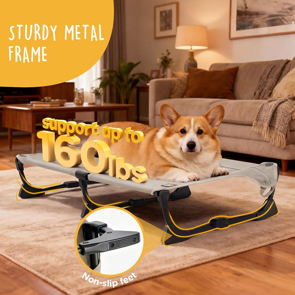 CANINE CANYON Upgraded Non-Slip Daisy Cot, Medium Foldable Elevated Dog Bed, Portable Raised Outdoor Folding Dog Cot for Camping/Home, Chew Proof Waterproof Heavy Duty Up to 160 Lbs, Brown, 32"x 23"