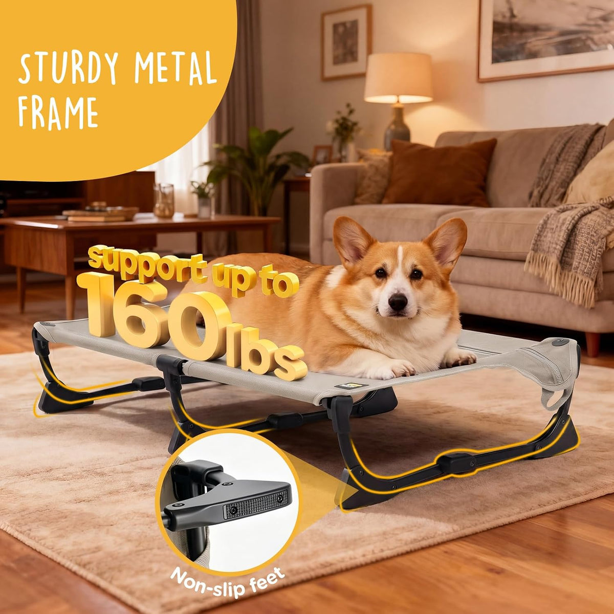 CANINE CANYON Upgraded Non-Slip Daisy Cot, Medium Foldable Elevated Dog Bed, Portable Raised Outdoor Folding Dog Cot for Camping/Home, Chew Proof Waterproof Heavy Duty Up to 160 Lbs, Brown, 32"x 23"