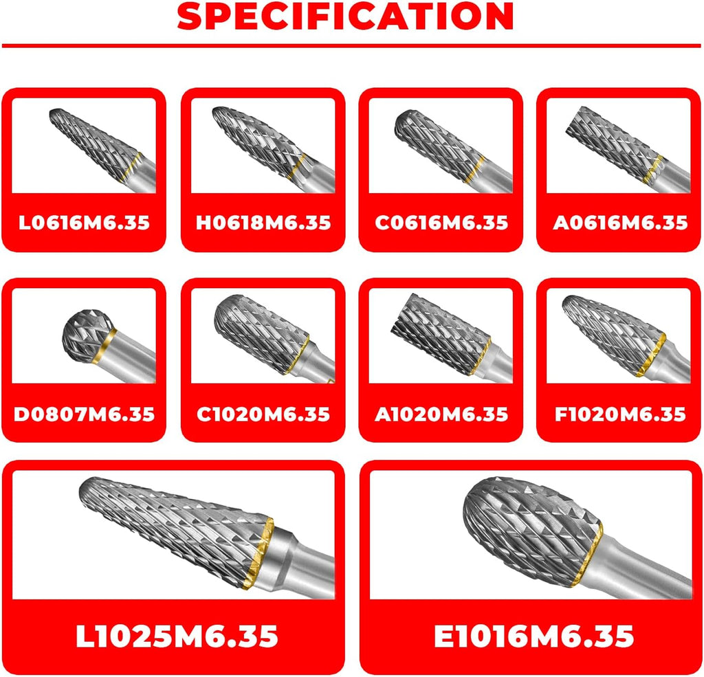 Tungsten Carbide Burr Set 1/4" Shank 10PC Double Cut Rotary Cutting Burrs Die Grinder Bits for Steel and Wood Working, Grinding, Carving, and Engraving