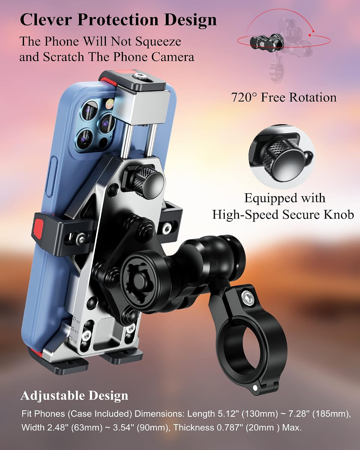BRCOVAN Anti-Theft Aluminum Alloy Motorcycle Phone Mount Holder, Silver