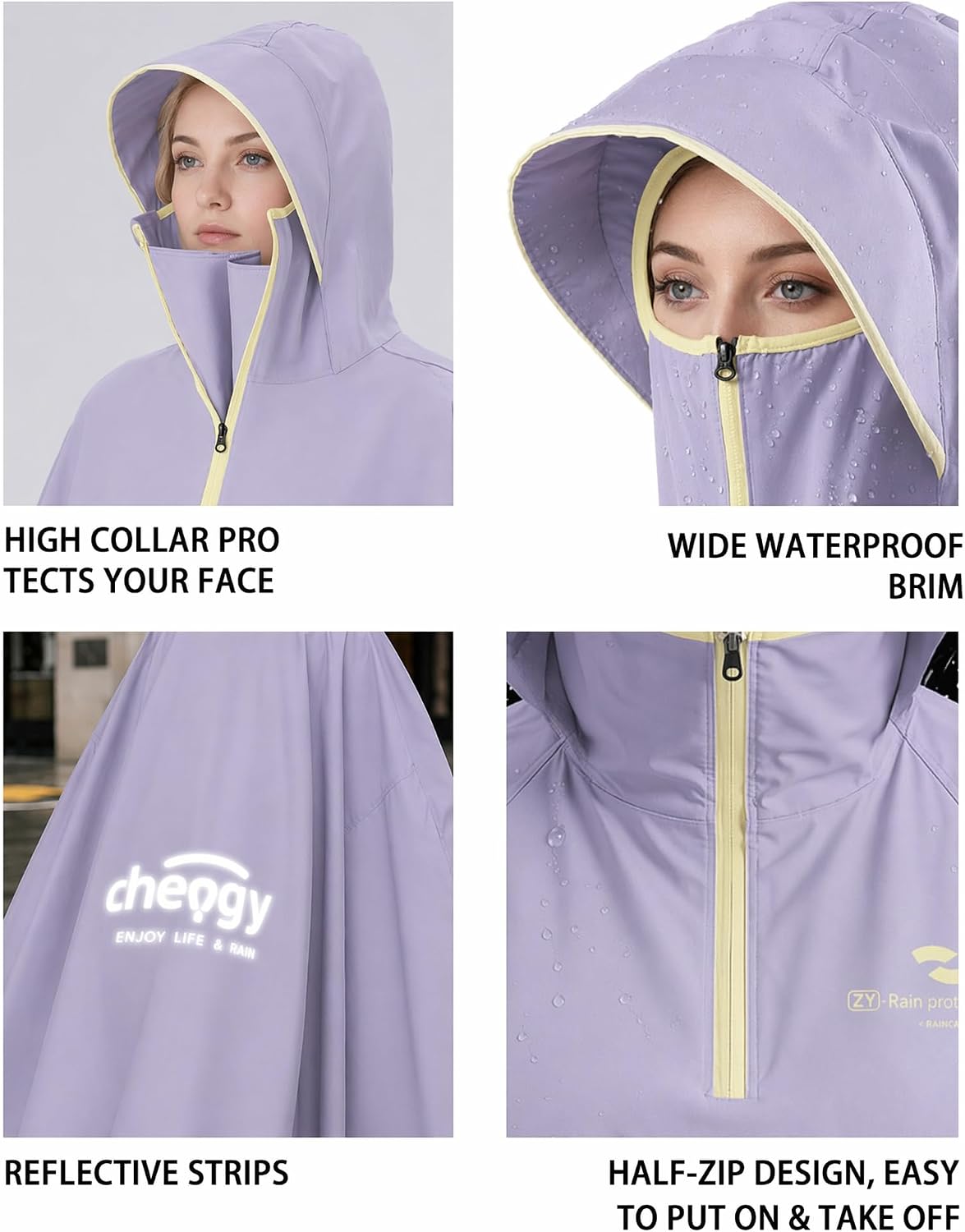 Rain Poncho Waterproof Full Body Long Hooded with Double-Face Visor Mask, Packable Raincoat for Cycling, Hiking