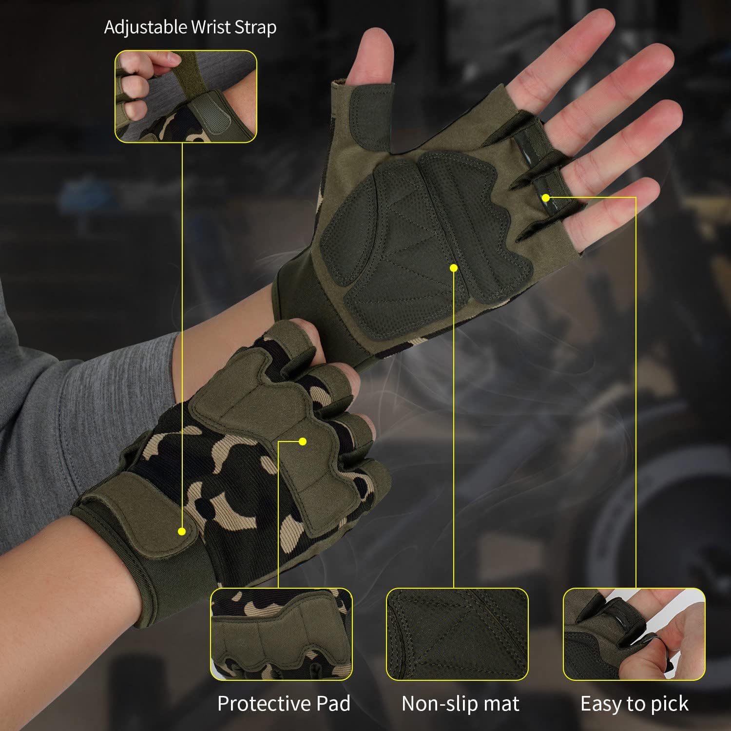 FIORETTO Fingerless Gloves for Men, Breathable Grip Palm Gloves for Motorcycle Riding, Driving, Cycling, Exercise, Workout, Climbing, Hiking and Outdoor Activities M210603