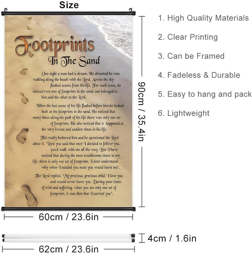 Footprints in the Sand Religious Canvas Wall Art Posters, Inspirational Beach Sunset Poem Print Poster (Black Axis 24x36inch, Footprints(3))