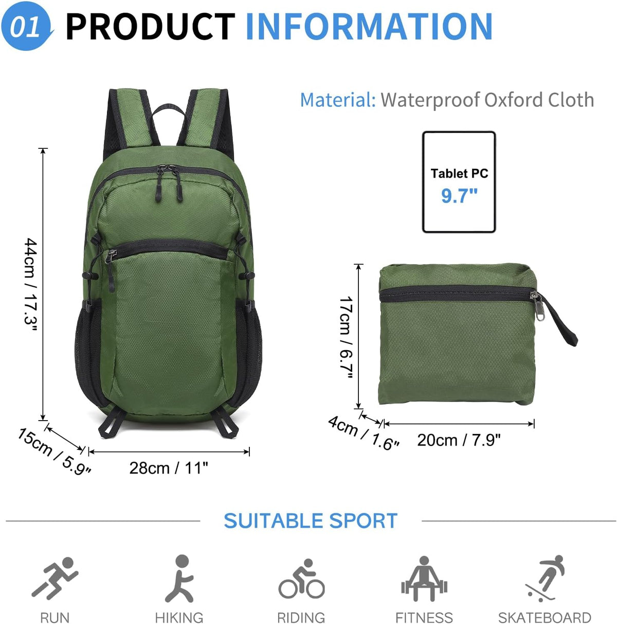 20L Small Hiking Backpack for Women Men Packable Daypack Green
