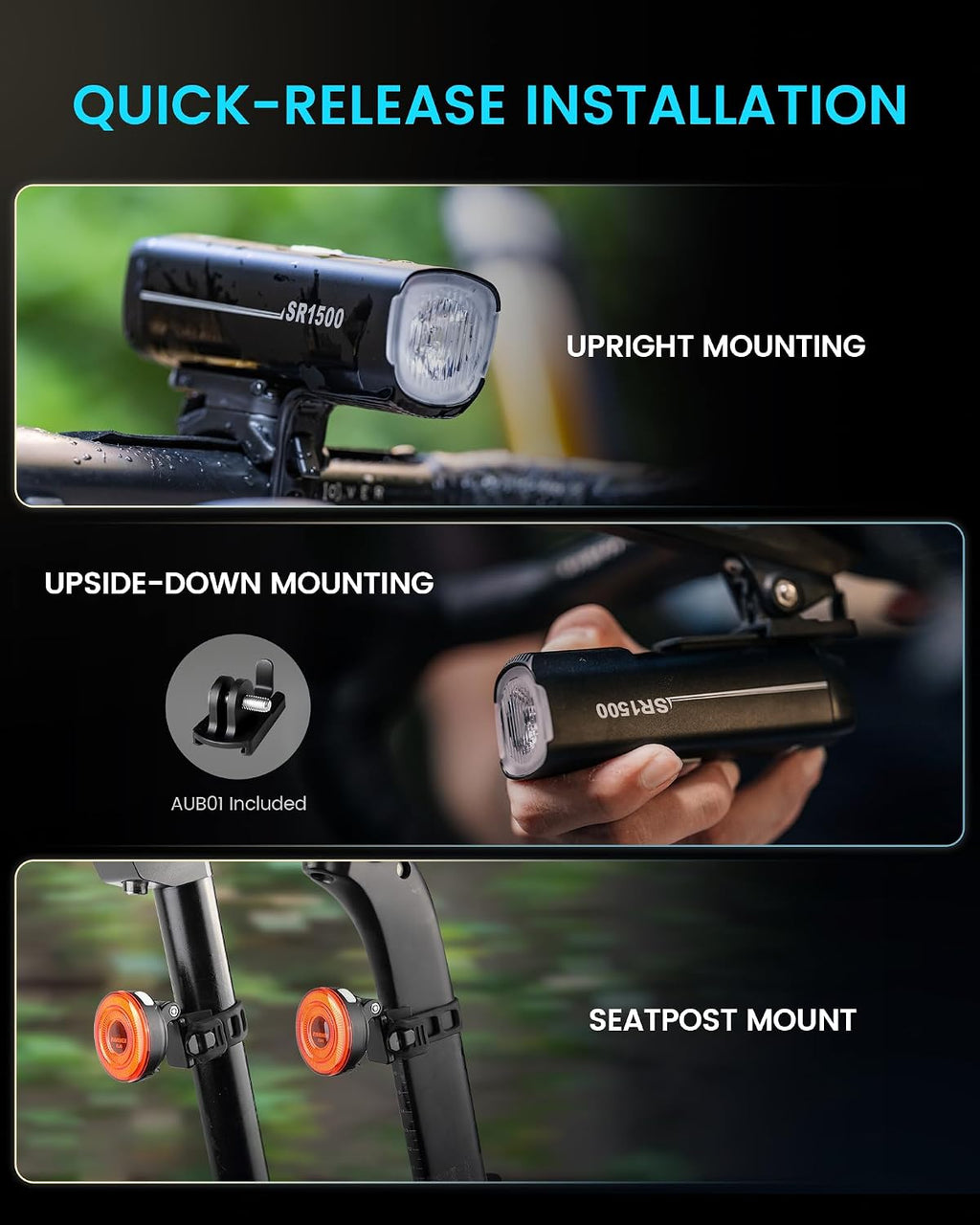 RAVEMEN Bike Lights Set for Night Riding, 5+6 Mode, Front and Back