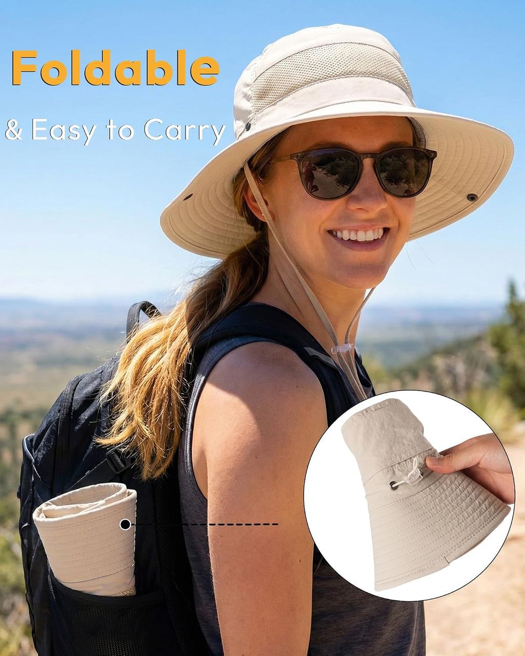 Women's Sun Hat Sun Protection Wide Brim Bucket with Ponytail Hole Summer