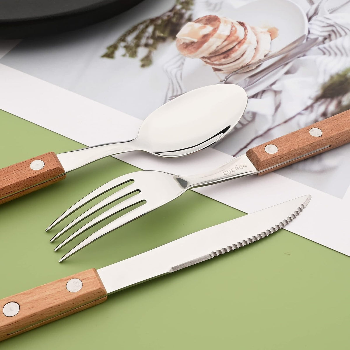 Silver Flatware Set with Natural Wood Handle, 24 PCS Silverware Set for 6, Premium 18/8 (304) Stainless Steel Cutlery Set, Forks Spoons and Knives Set for Home/Camping/Travel, Mirror Finish