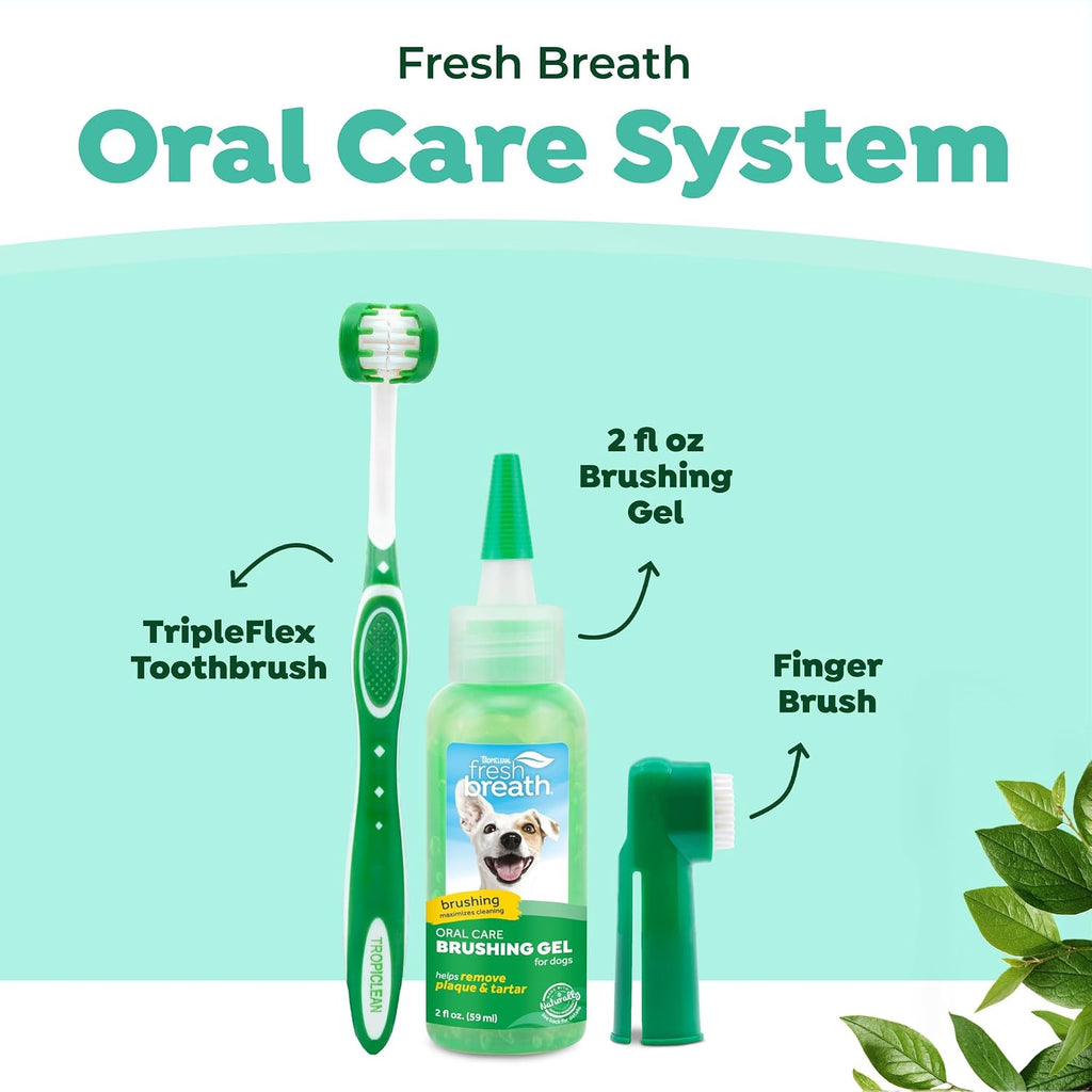 TropiClean Fresh Breath Dog Oral Care Kit | Complete Toothbrush and Toothpaste Set for Plaque & Tartar Control | Tooth Brushing Kit for Large Animals