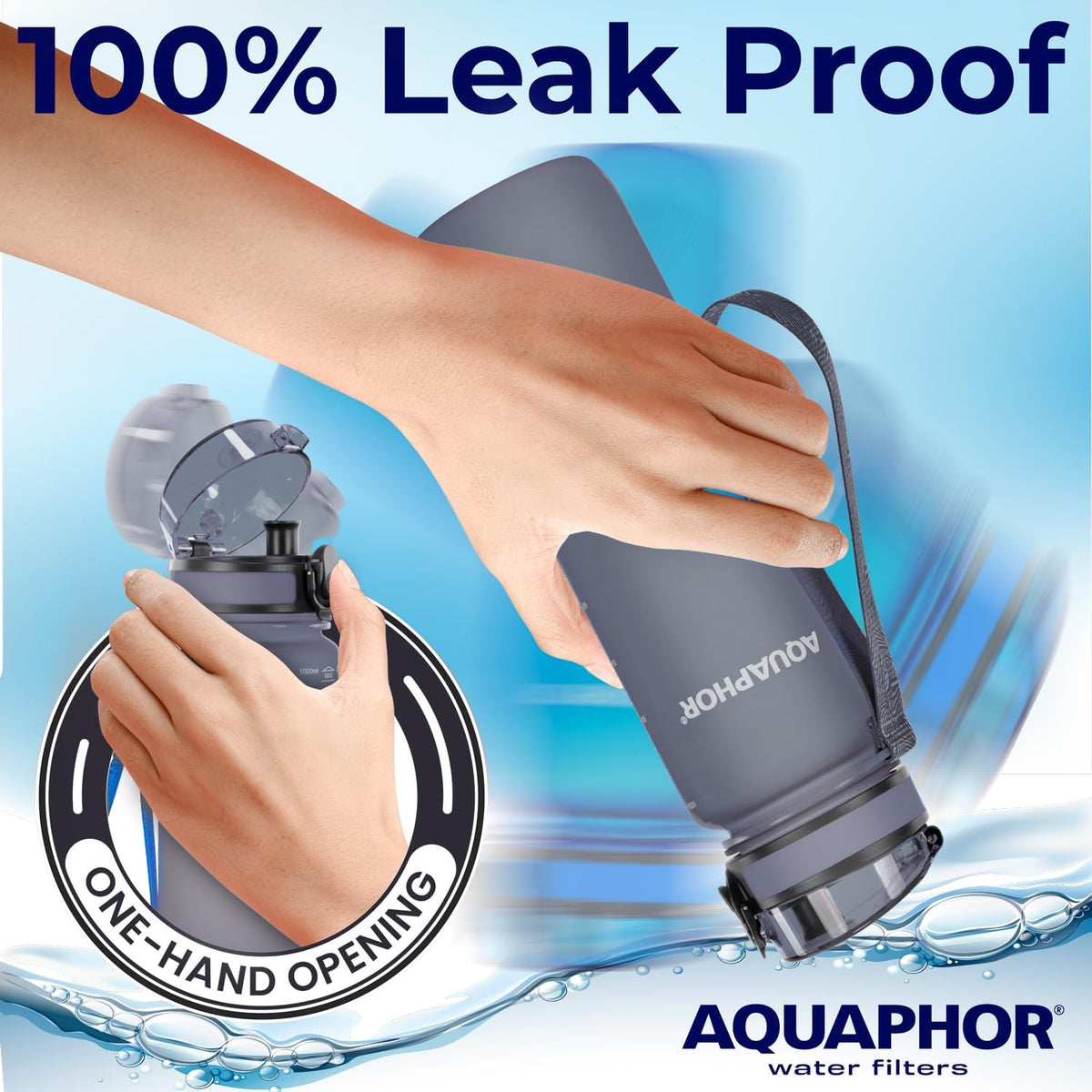 Nakii Filtered Water Bottle, Leakproof, BPA-Free, Motivational Markings, Travel, Everyday Use. 40-Gallon Filter, Replaces 300 Plastic Water Bottles. Includes 1 Filter, 22 FL Oz, Grey by Aquaphor