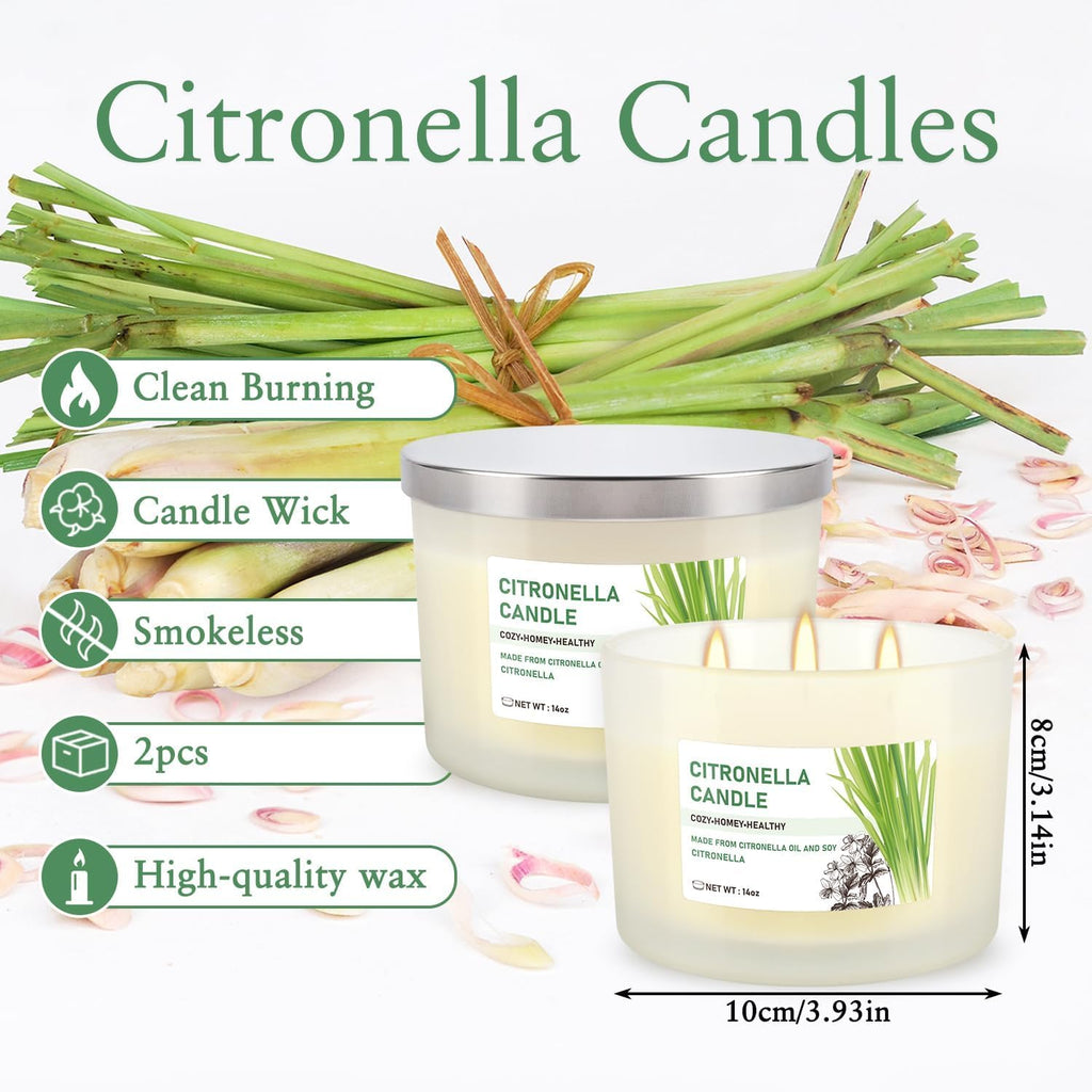 Citronella Candle Set of 2, 14oz Frosted Jar Triple-Wick, Clean & Smokeless for Outdoor Patio, Garden, Deck, Porch Ambiance with Natural Citronella Scent