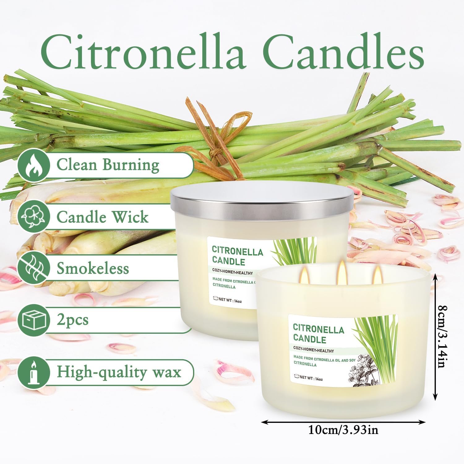 Citronella Candle Set of 2, 14oz Frosted Jar Triple-Wick, Clean & Smokeless for Outdoor Patio, Garden, Deck, Porch Ambiance with Natural Citronella Scent