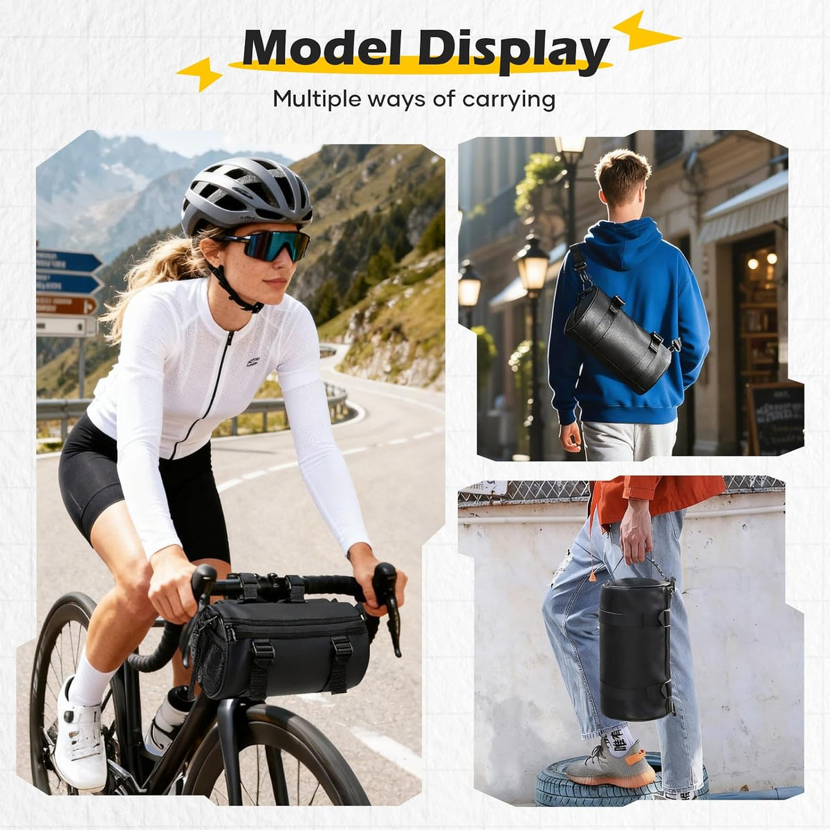 SEAFEW 6L Large Black Bike Handlebar Bag, Waterproof Rain Cover Front Bike Bag for Bicycles, Mountain Road Bike Fram Storage Barrel Bag with Water-resistant Zippers, Cycling Commuter Shoulder Bag