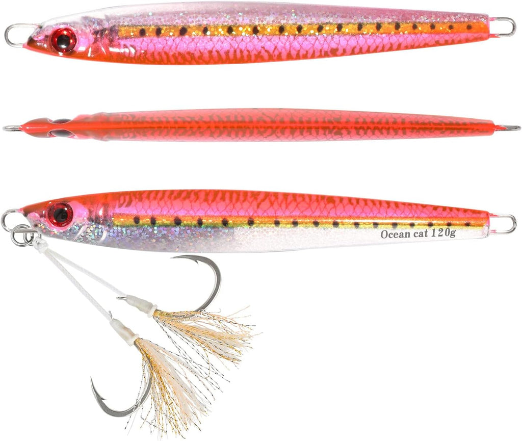 OCEAN CAT 1 PC Slow Fall Pitch Fishing Lures Sinking Lead Metal Flat Jigs Jigging Baits with Hook for Saltwater Fishing 4 Colors 160G/200G