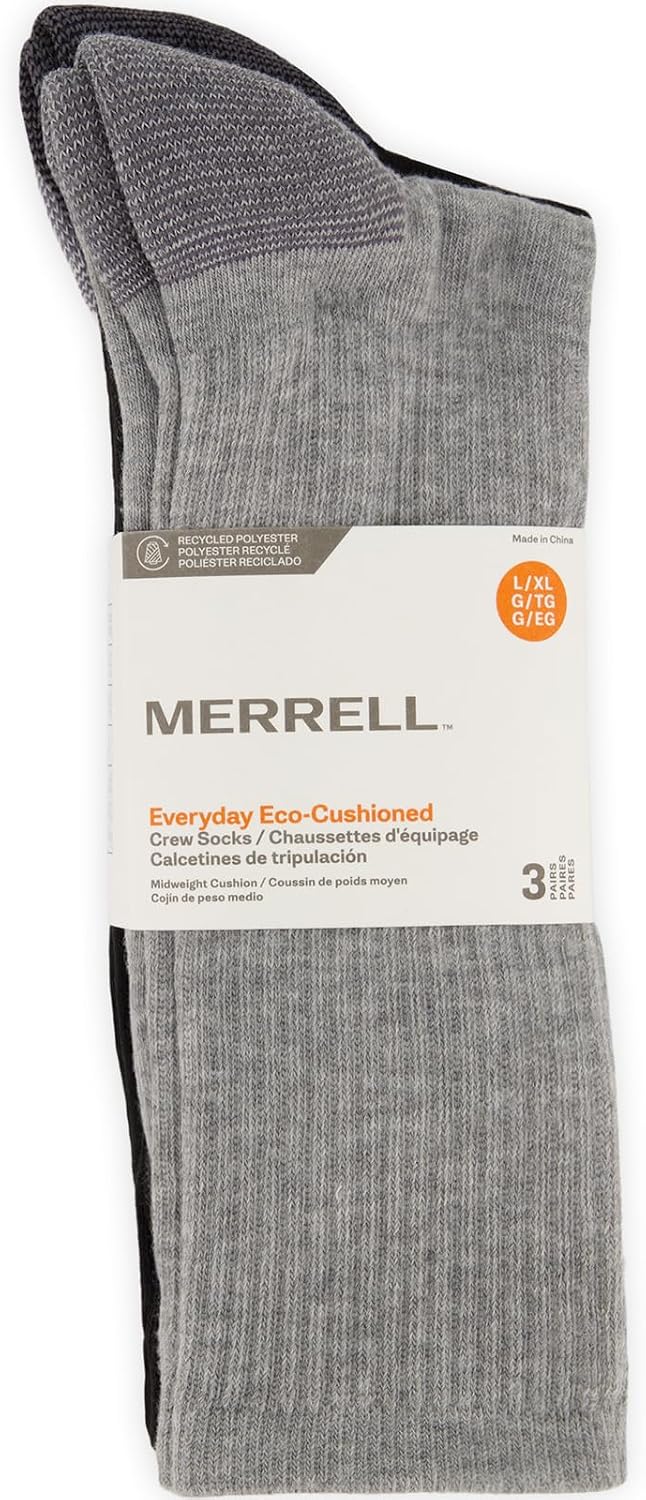 Merrell Unisex Eco Cushioned Crew Socks, Recycled Sustainable Hiker With Targeted Cushion