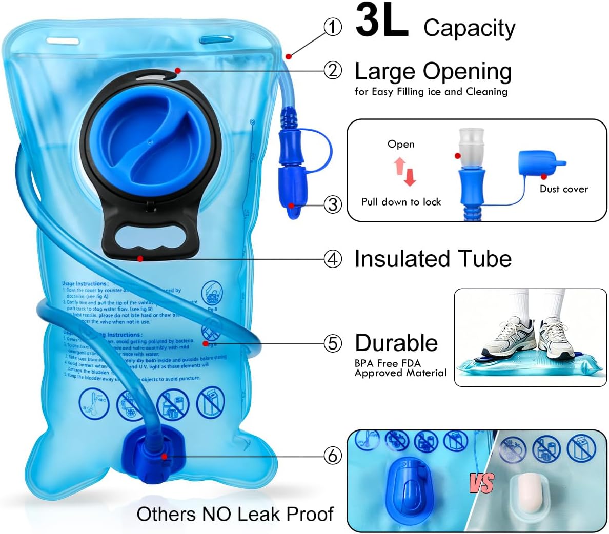 Mothybot 3L 2L 1.5L Hydration Bladder, Upgraded Leak Proof 50OZ/ 70OZ/ 100OZ 3 Liter Water Reservoir for Most Hydration Pack Replacement with Quick Release Insulated Tube & Auto Shut-Off Valve Outdoor