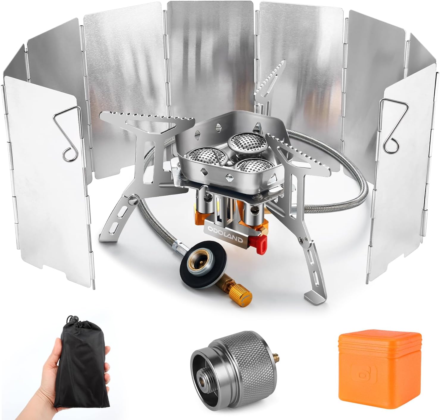 Odoland 3500W/6800W Windproof Camp Stove Camping Gas Stove with Windscreen, Fuel Canister Adapter, Piezo Ignition for Outdoor Backpacking Hiking and Picnic