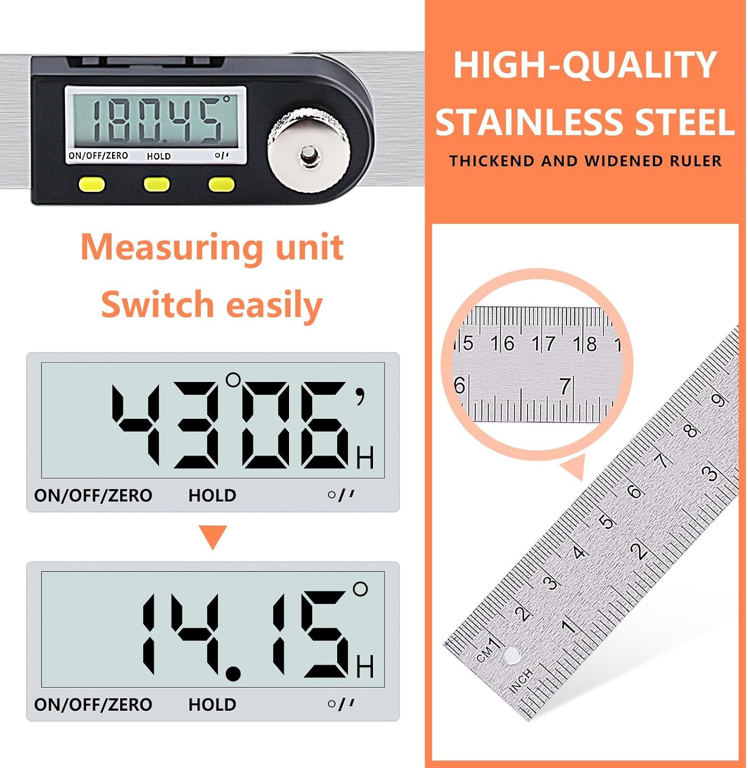 Yanguotool Digital Angle Ruler: 200mm/8-Inch Protractor Finder with Stainless Steel Ruler, Ideal for Woodworking, Construction, Level Measuring