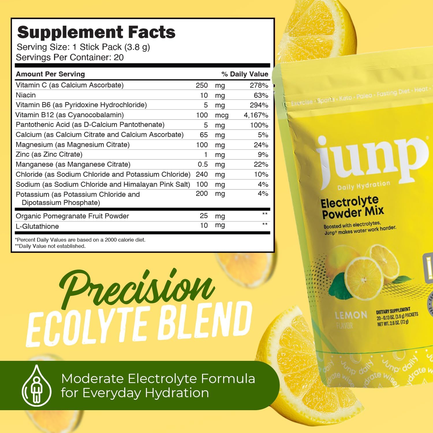 JUNP Sugar Free Electrolytes Powder Packets for Water Instant Hydration Packets with Salt & Potassium, Zero Calorie, No Carbs, No Sugar Electrolyte Drink Mix Sticks, Keto Friendly, Lemonade 20 Pack