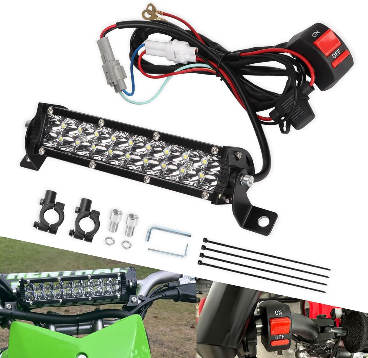 Motorcycle LED Light Bar & ON-Off Switch Headlight kit for CRF110 CRF250F KLX110 TTR110 TTR110E RM85 YZF450 60W Motocross LED Light Kit Universal for 7/8" 22mm Handlebars Pit Dirt Bike Plug and Play