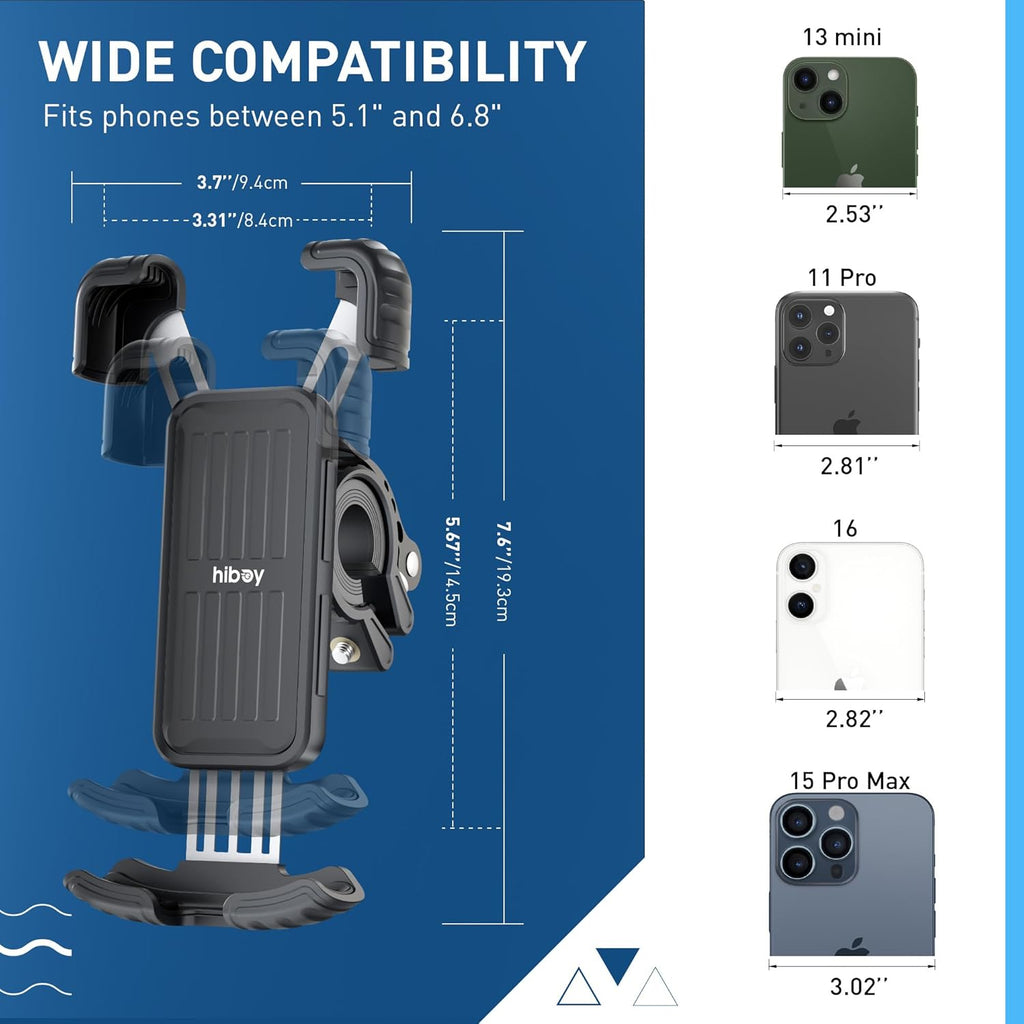 Hiboy Bike Phone Holder, 360° Rotatable Universal Motorcycle Phone Mount, Wrap Anti Shake Bicycle Scooter Handlebar Phone Clip for 5.1-6.8" Cellphone