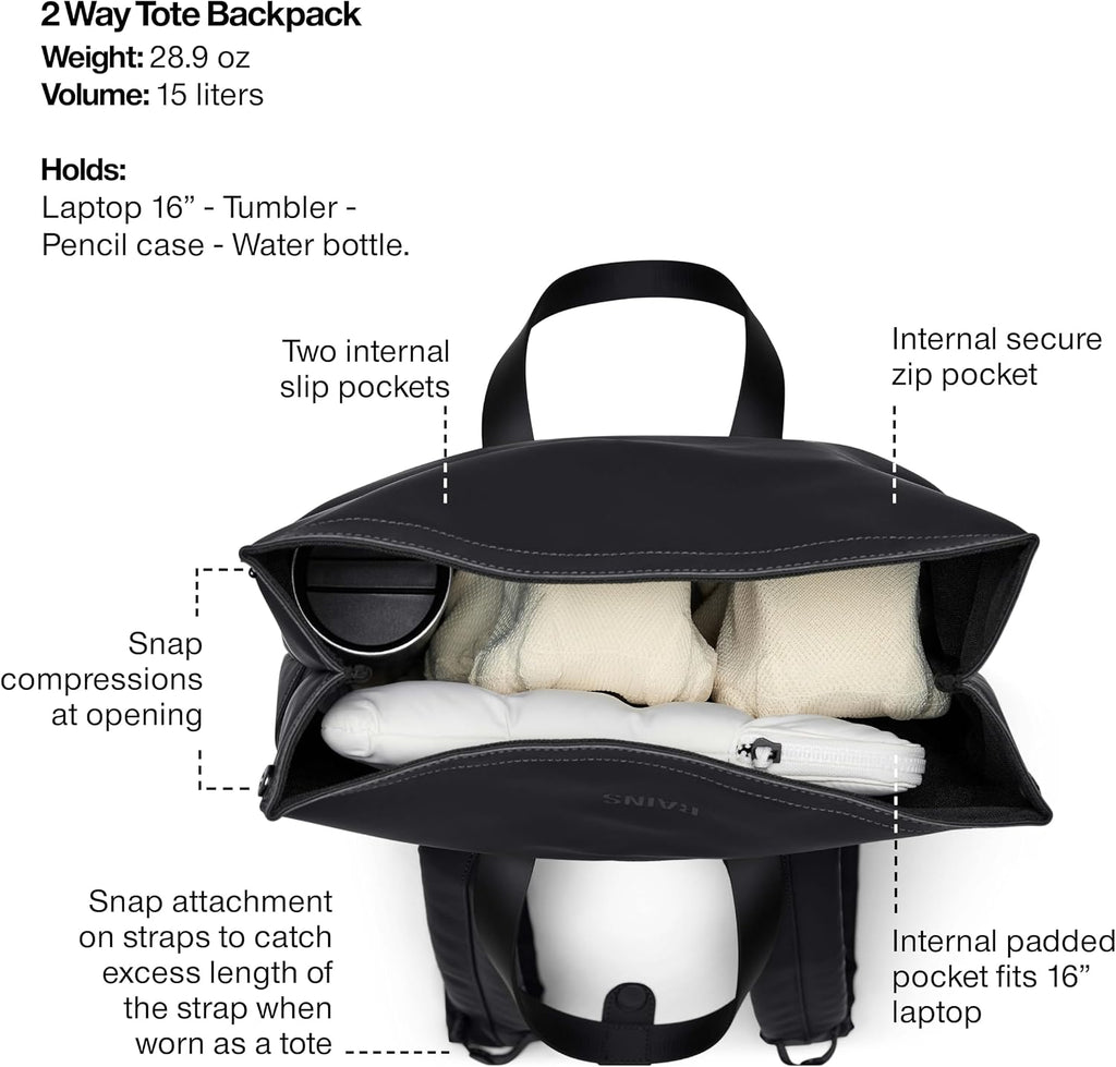 RAINS 2 Way Tote Backpack - Waterproof Convertible Laptop Bag, 4 Gallon