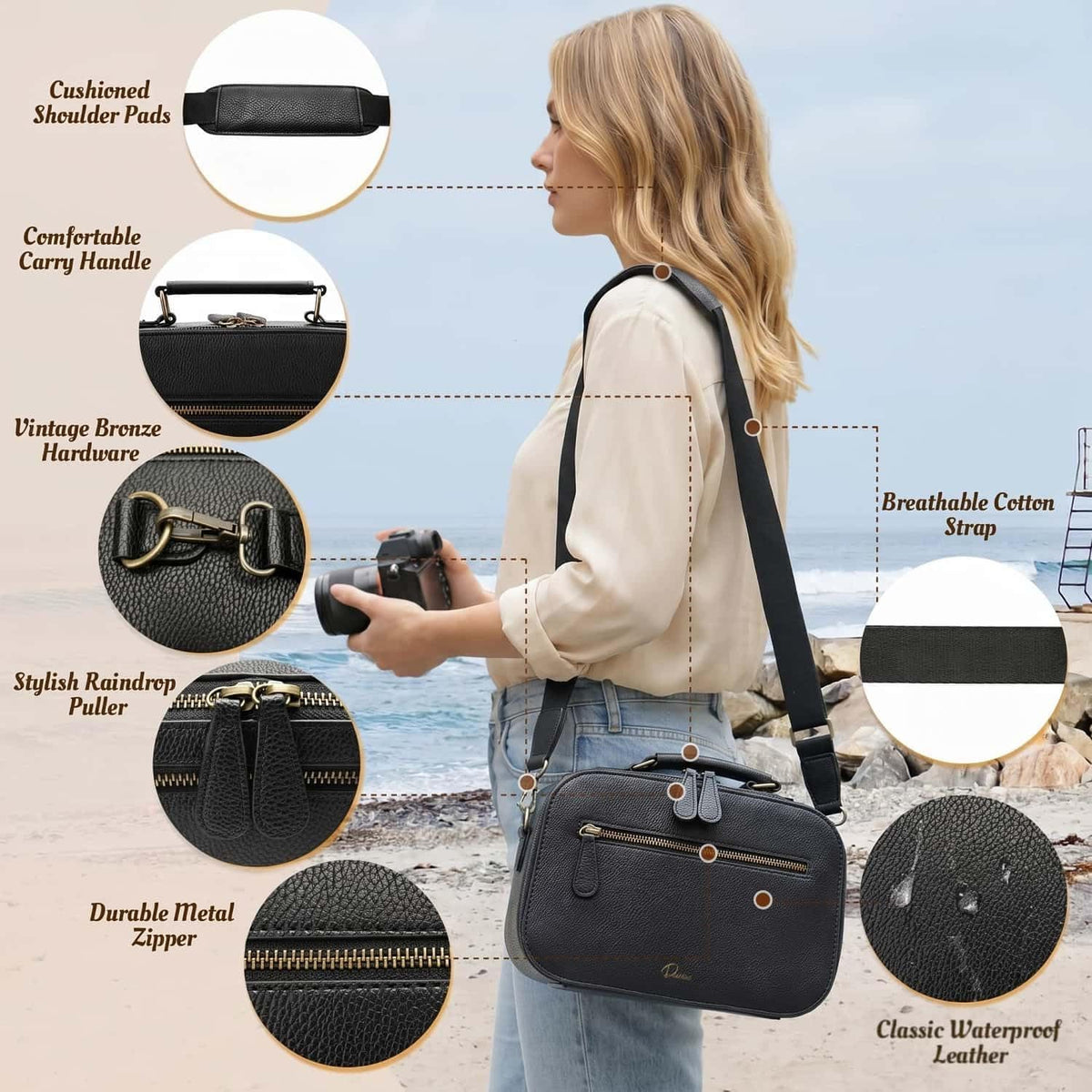 Camera Sling Bag, Waterproof PU Leather Crossbody Camere Bag for Photographers, Small Shockproof Case with Removable Dividers for DSLR/SLR/Mirrorless, 4L Black