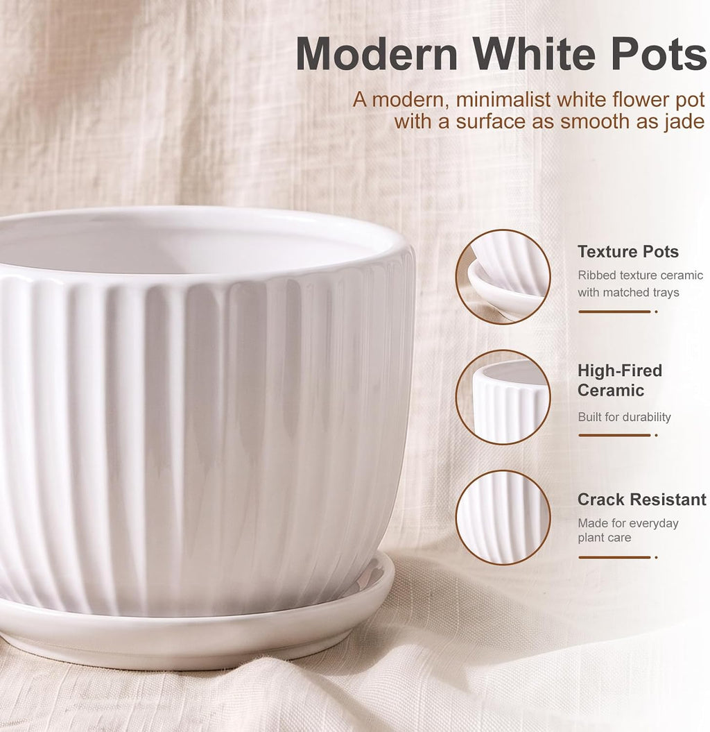 White Plant Pots,Ceramic Flower Pot Set of 3 with Drainage Holes & Saucers