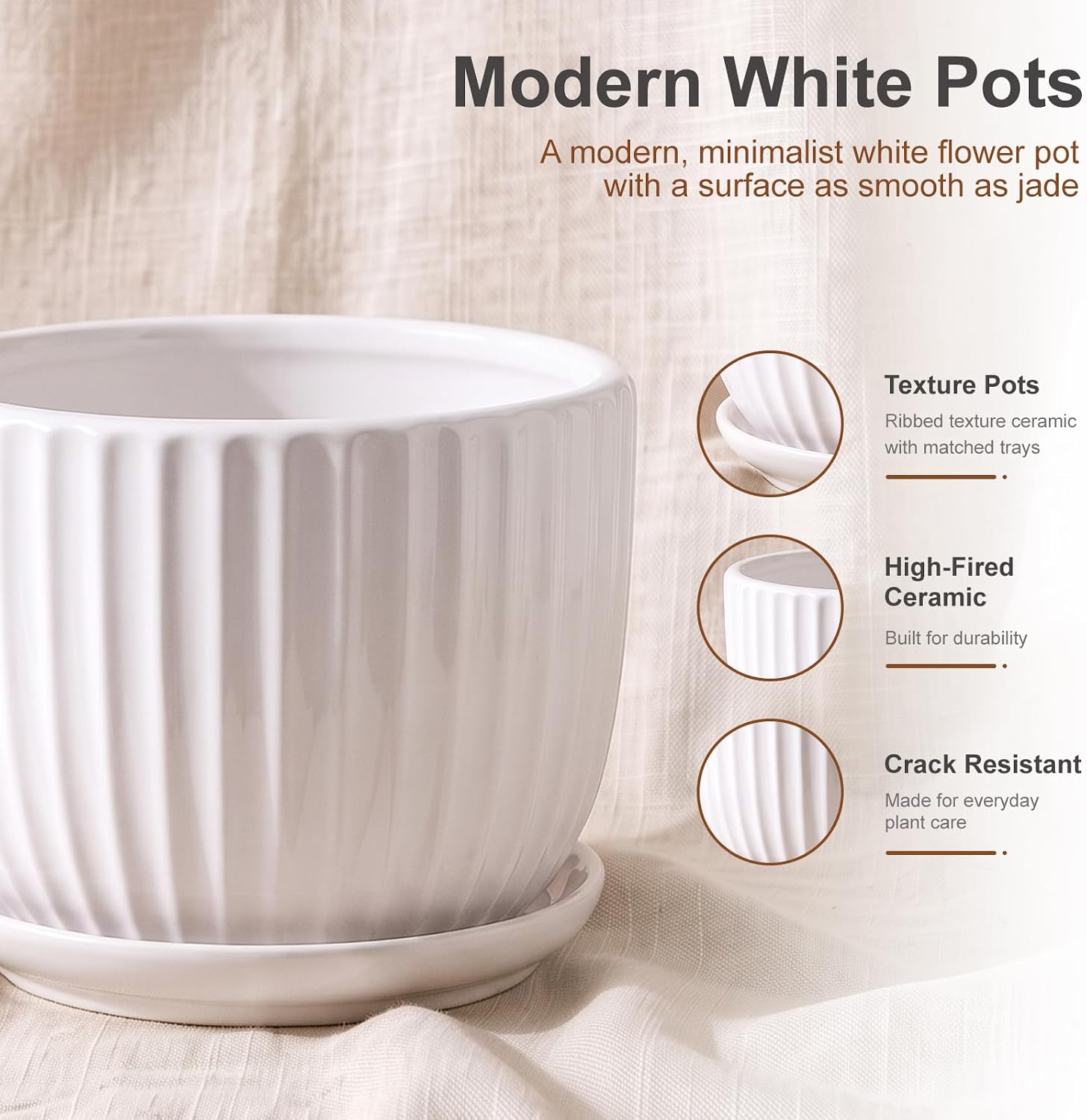 White Plant Pots,Ceramic Flower Pot Set of 3 with Drainage Holes & Saucers