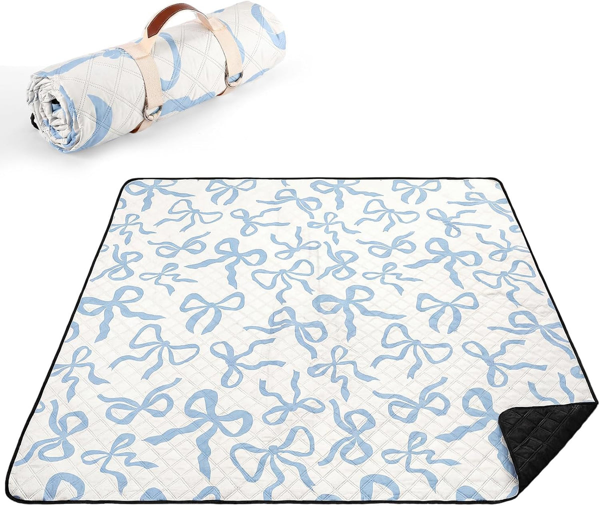 SmoothNovelty Blue Bow Picnic Blanket 80'' x 80'' Waterproof Extra Large Camping Blanket Coquette Picnic Mat Foldable Portable Preppy Outdoor Beach Mat with Carry Strap for Outdoor Grass Lawn Park