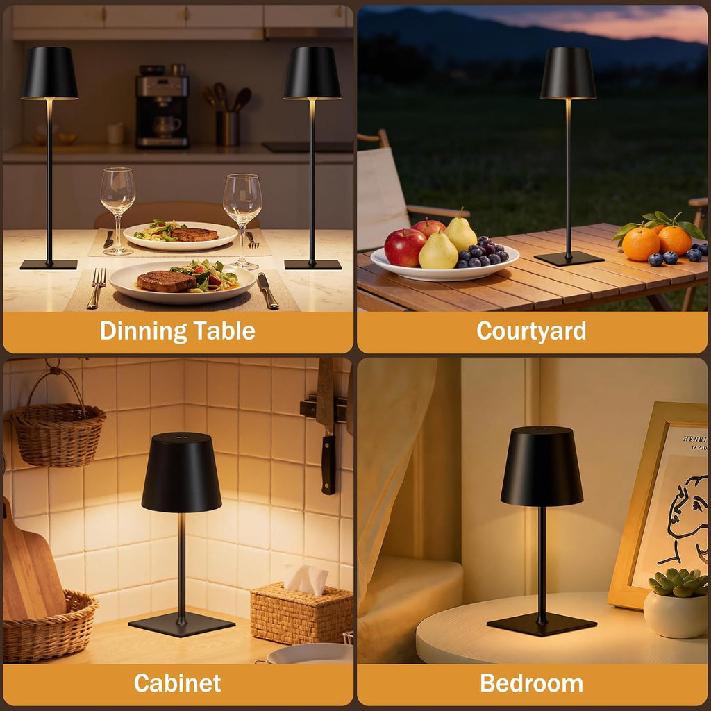 Kakanuo Black Cordless Rechargeable Table Lamp, 2 Pack Portable Desk Lamp with 5000mAh Battery, Touch Control Stepless Dimming, Wireless Night Light for Dining, Outdoor Camping, Coffee Shop