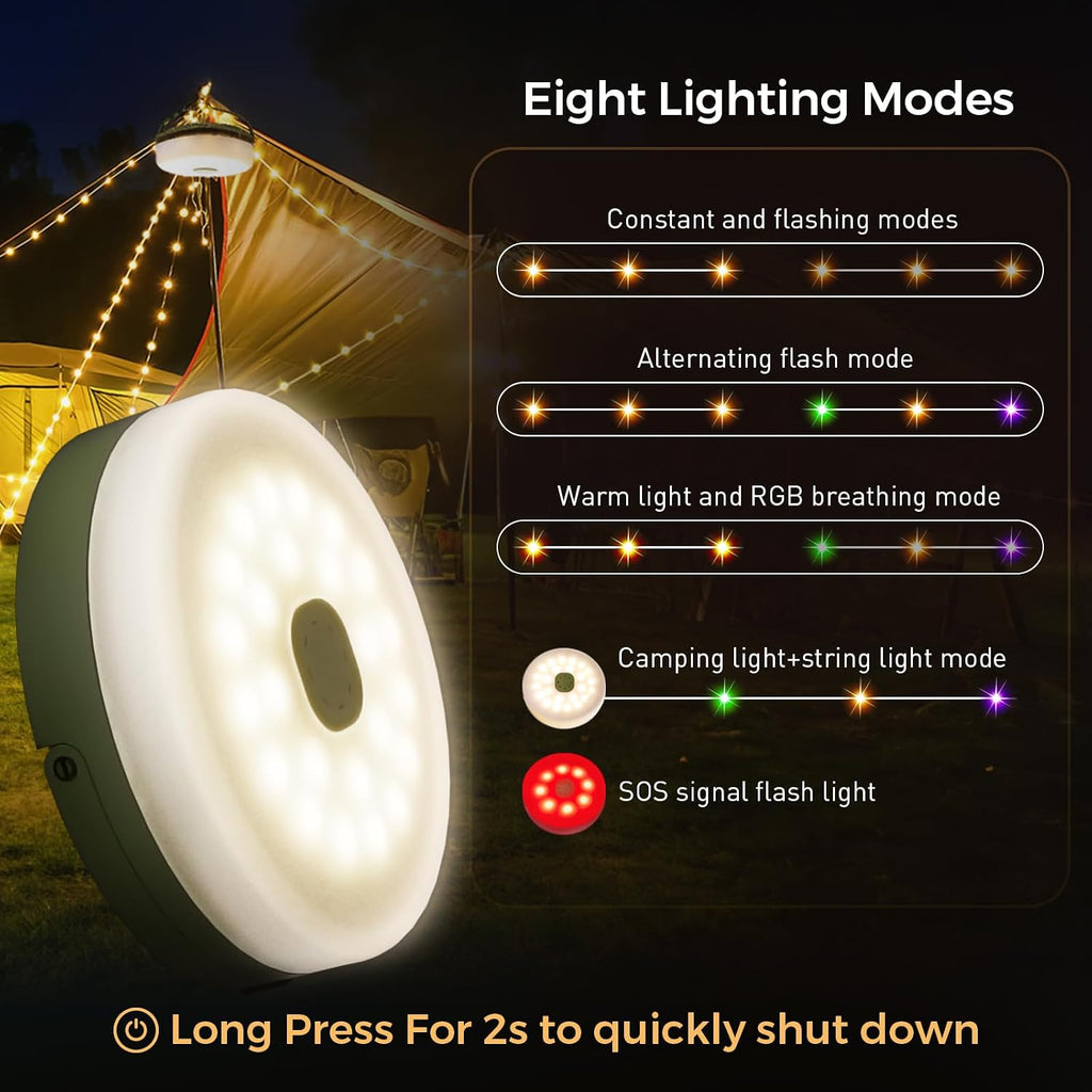 Camping String Lights, 32.8FT Rechargeable with Storage Reel, 8 Modes | Quick Storage Rechargeable Tent Light,Waterproof Hanging LED Design for Awning Patio Indoor Outdoor Decor Camping Essentials
