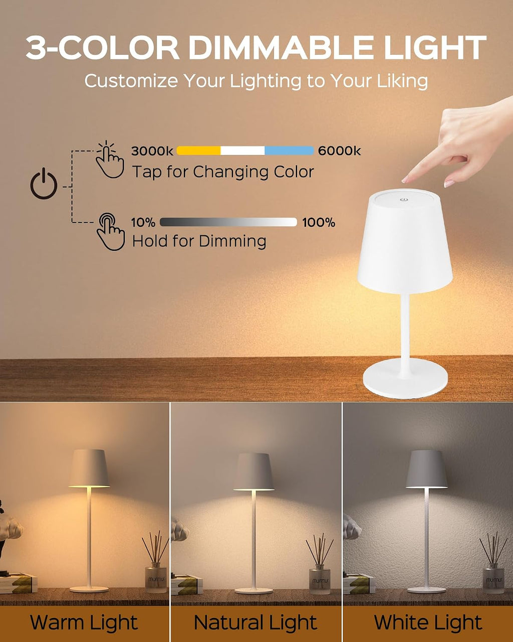 JACKYLED Cordless Table Lamps Rechargeable, 3 Height, 5000 Capacity