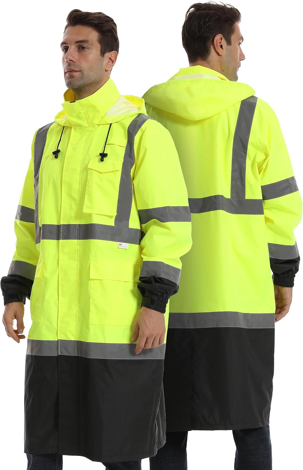 Reflective Rain jackets for men waterproof,Hi Vis Rain Coat With 3M Reflective Strips，High Visibility Class 3 Rain Gear With 2 large pockets，Zipper,Black Bottom Lime,Small