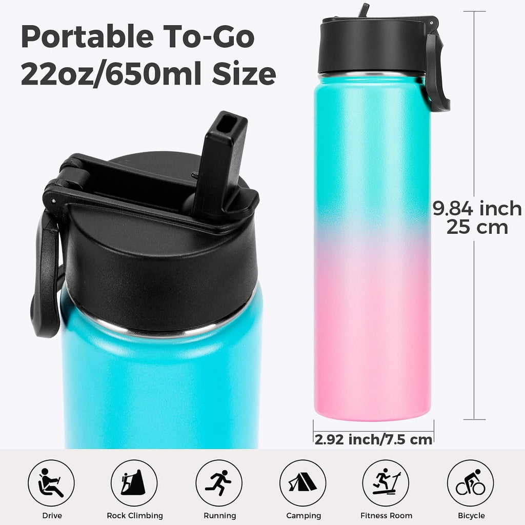 Neihepal 22 oz Insulated Water Bottle with Straw Lid, Double Walled Vacuum Stainless Steel Water Bottles Leak Proof, Wide Mouth (Green Pink,1 Pack)