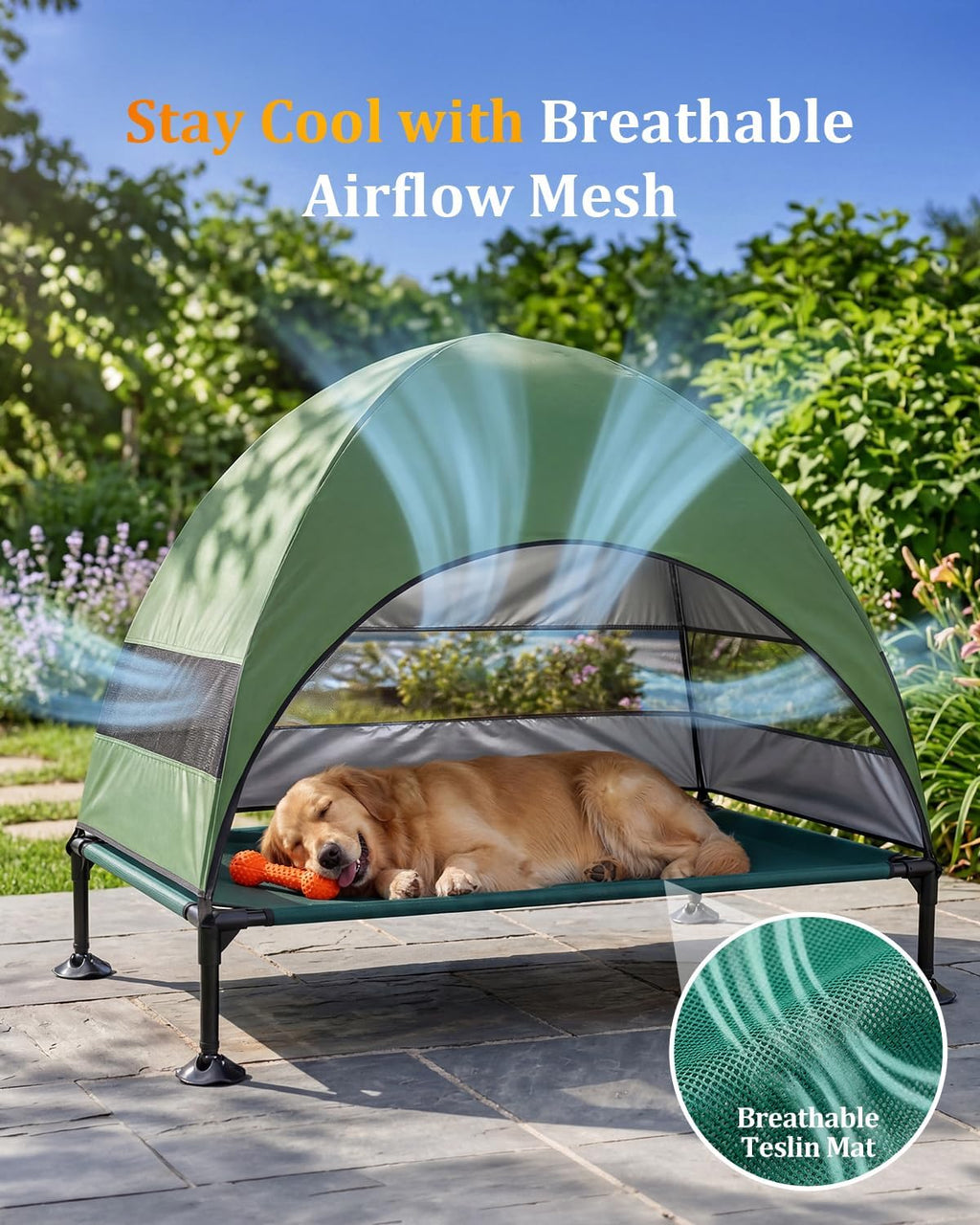 Elevated Outdoor Dog Bed with Canopy, Raised Dog Cot with Stable Adjustable Feet, Dog Camping Bed with Larger Shade, Lifted Dog Tent Bed with Canopy for Outside (Green, Large)