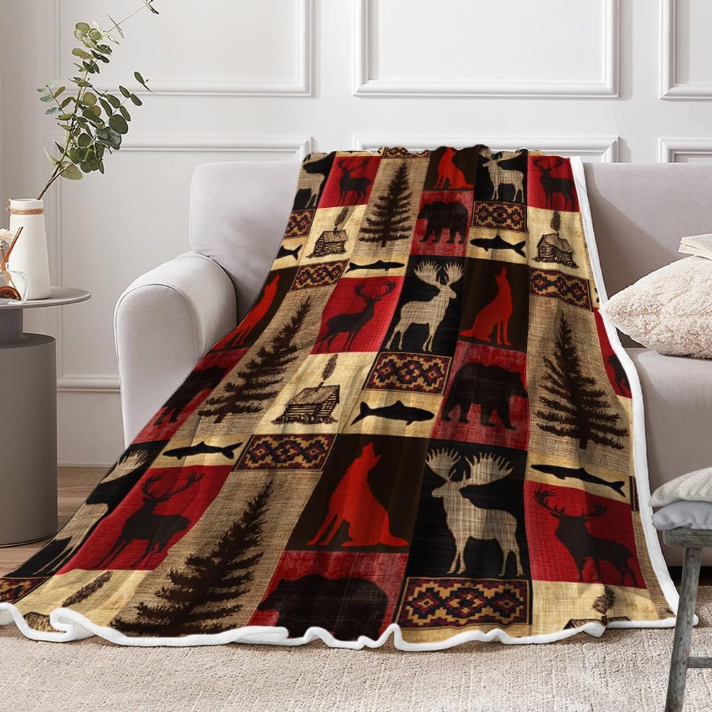 Torich Rustic Cabin Throw Blankets, Country Vintage Bear Moose Wood Cozy Warm Bed Couch Blanket, Farmhouse Hunting Camping Forest White Fleece Flannel Throws to Decorate The Room and Bedroom