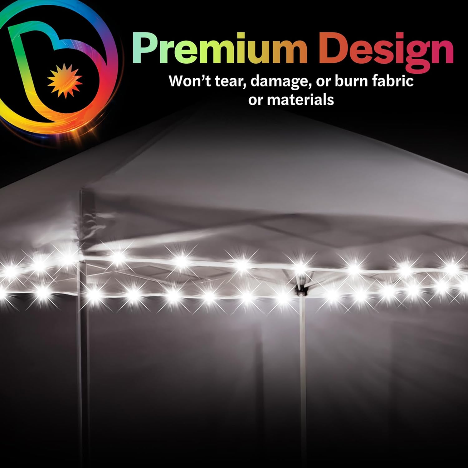 Brightz LED Canopy Lights, White 40ft String Light for 10x10 Tents | Outdoor canopy tent lights; football tailgate essentials & accessories; fits 10ft x 10ft pop up tents