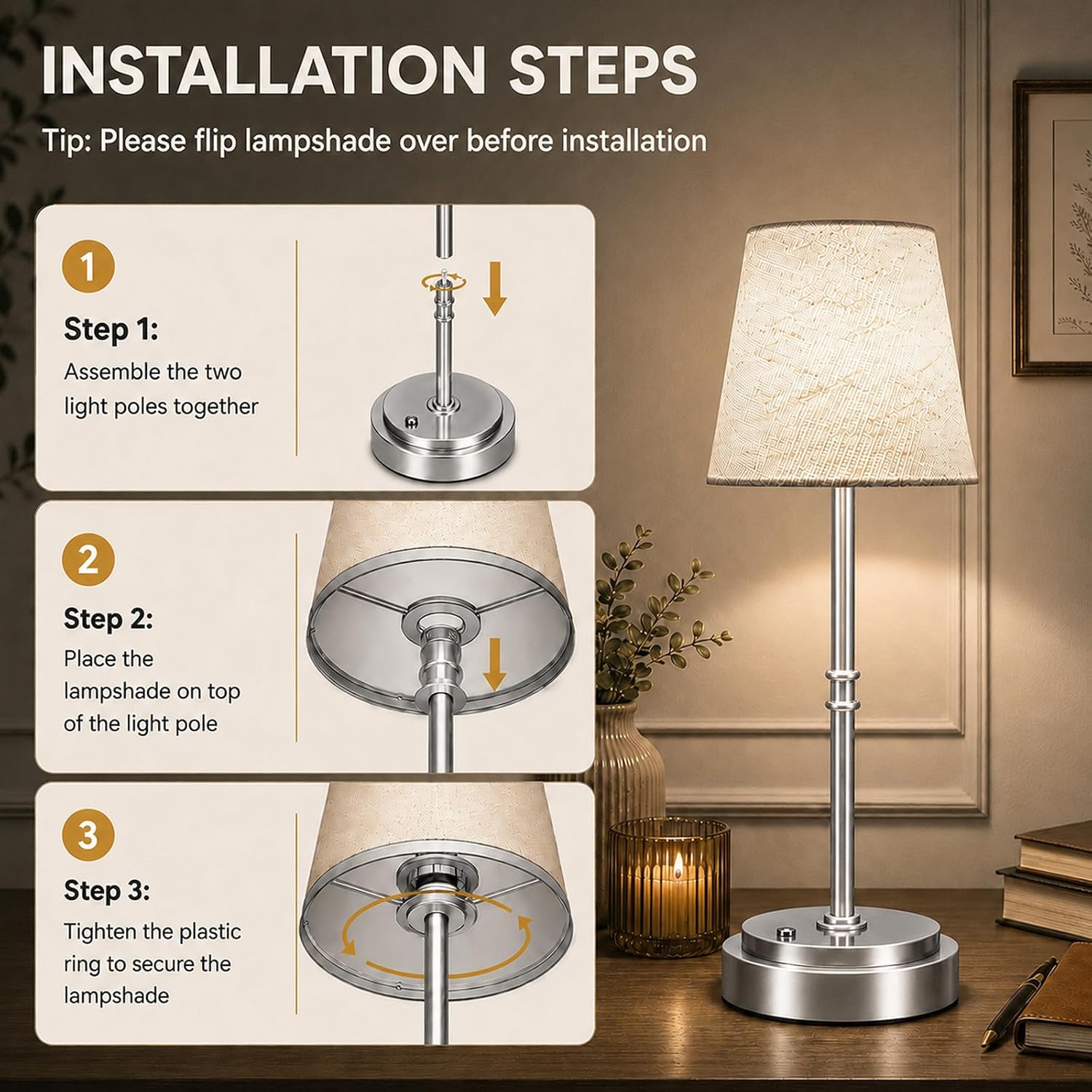 Rechargeable Cordless Table Lamp, Battery Operated Bedside Lamp, Silver